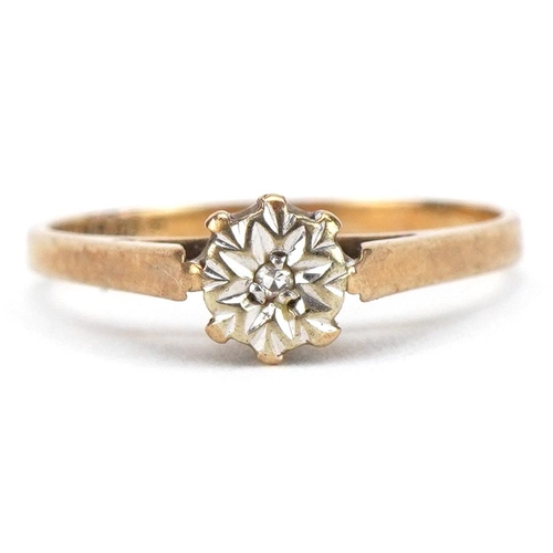 2359 - 9ct gold diamond solitaire ring, size J/K, 1.3g