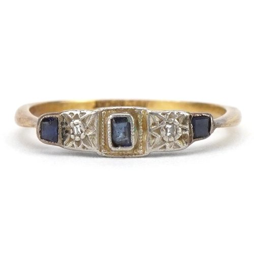 2092 - Art Deco 18ct gold and platinum sapphire and diamond five stone ring, size M, 1.5g