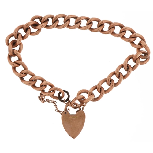 2028 - 9ct rose gold bracelet with love heart padlock and safety chain, 11.8g