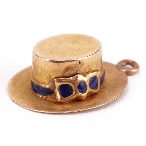 2079 - Gold and enamel boater hat charm, indistinct marks, 1.7cm high, 0.7g