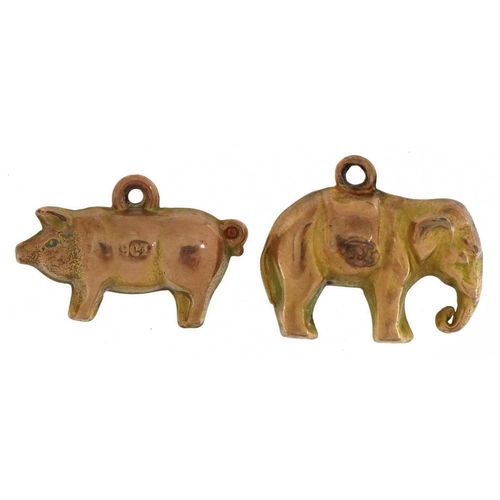 2199 - Two 9ct gold animal charms comprising pig and elephant, the largest 1.8cm wide, total 1.6g