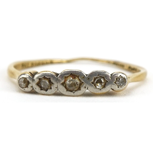 2240 - Gold and platinum diamond five stone ring, indistinct gold marks, size P, 2.3g