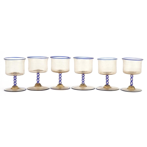 227 - Set of six antique cordial glasses with blue air twist stems, each 7.5cm high