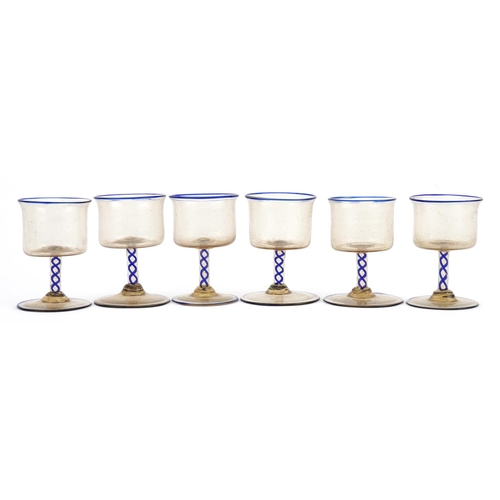 227 - Set of six antique cordial glasses with blue air twist stems, each 7.5cm high