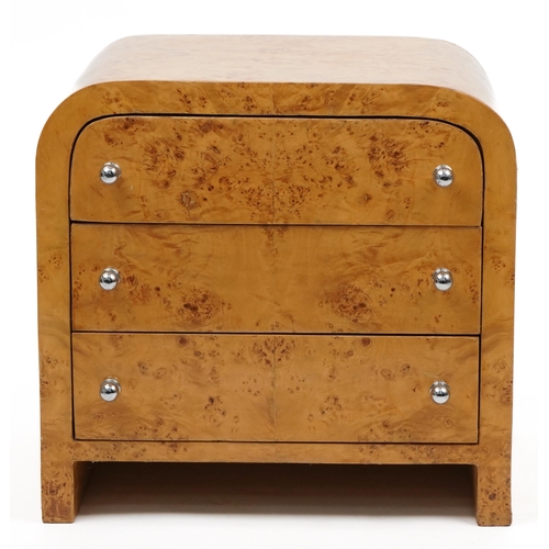 1070 - Art Deco style bird's eye maple effect three drawer bedside chest, 49cm H x 51.5cm W x 40cm D