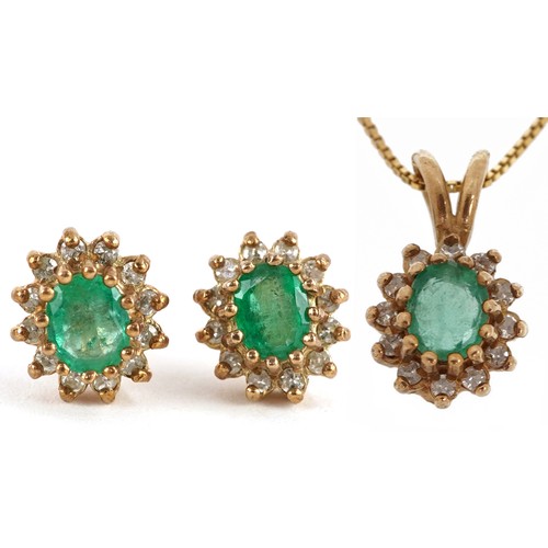 2074 - Unmarked gold emerald and diamond cluster pendant on 9ct gold box link necklace with matching pair o... 