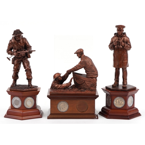 1565 - Three bronzed commemorative military figures raised on wooden bases set with coins and medallions by... 