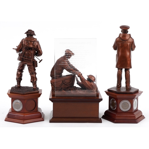 1565 - Three bronzed commemorative military figures raised on wooden bases set with coins and medallions by... 