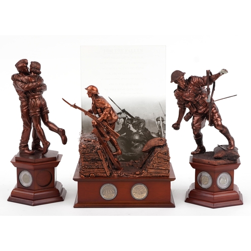 1564 - Three bronzed commemorative military figures raised on wooden bases set with coins and medallions by... 