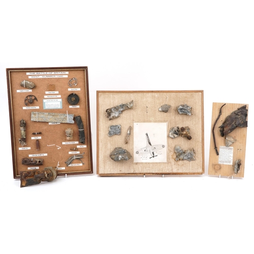 1542 - Three mounted displays of military interest aeroplane and other shrapnel comprising one titled Battl... 