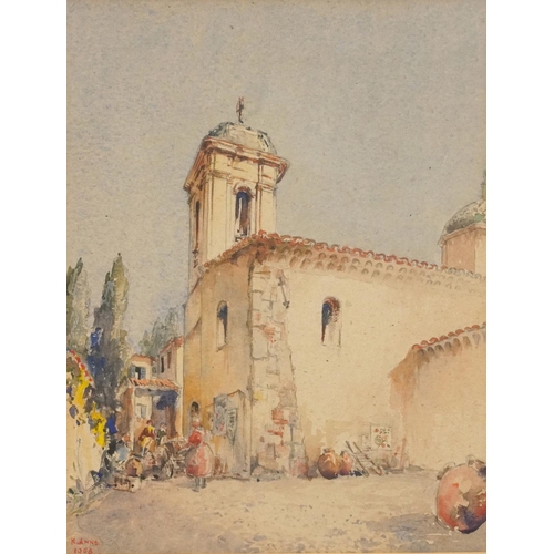 475 - Kenneth Anns 1953 - Figures before a tower, mid 20th century watercolour, biography and various deta... 