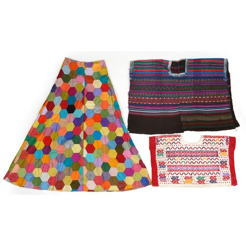 397 - Vintage hexagonal patchwork skirt, patterned Hungarian poncho and Point de Hongrie upholstery fabric... 