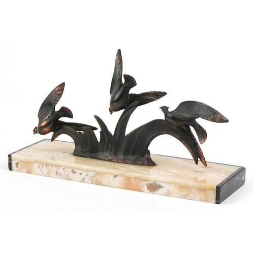 255 - Art Deco onyx, marble and bronzed bird sculpture, 35cm wide