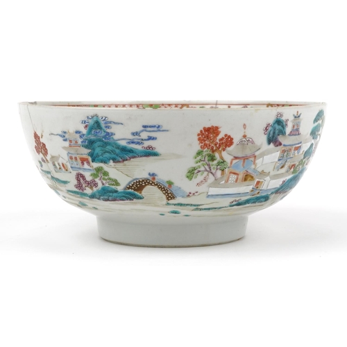 366 - Large Chinese porcelain footed bowl hand painted in the famille rose palette with a continuous river... 