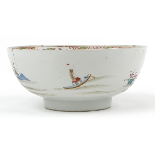 366 - Large Chinese porcelain footed bowl hand painted in the famille rose palette with a continuous river... 