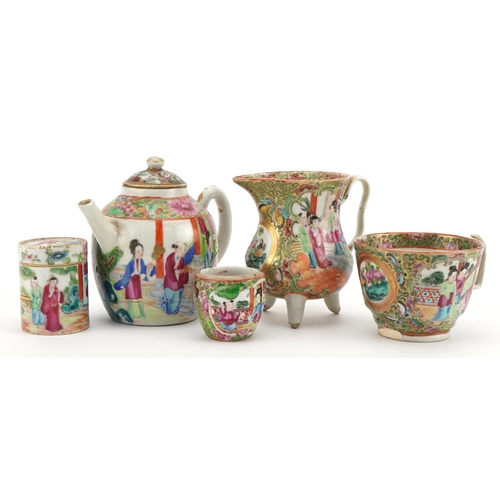 370 - Chinese Canton porcelain including a teapot and three footed jug, each hand painted in the famille r... 