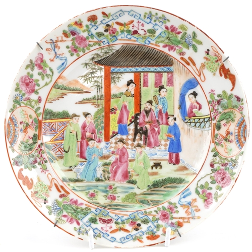 530 - Chinese Canton porcelain plate hand painted in the famille rose palette with an Emperor and attendan... 