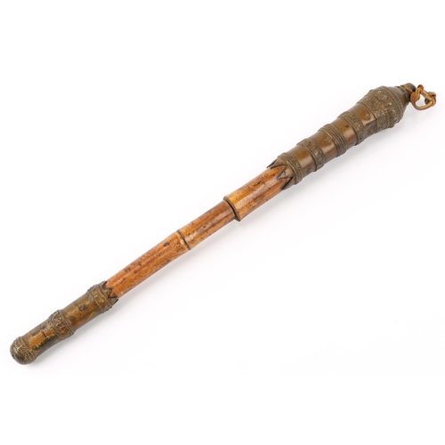 300 - Late 19th century Indian bamboo Chaukidar's Lathi watchman's staff with ornate cast metal mounts, 51... 