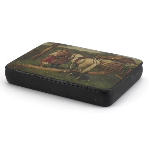 392 - Russian papier mache lacquered cigarette box with hinged lid, hand painted with a Cossack and horse ... 