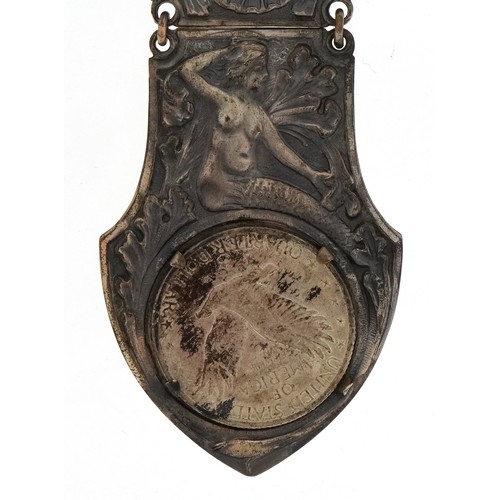 1308 - Art Nouveau white metal keyring embossed with a mermaid and set with a American 1917 quarter dollar ... 