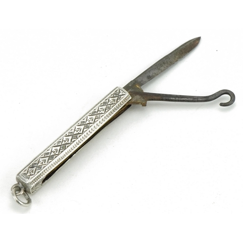 1325 - Victorian silver cased folding combination buttonhook and knife, indistinct maker's mark, Birmingham... 