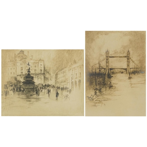 686 - Arthur L Cherry - London Bridge and Shaftsbury Memorial Fountain, pair of pencil signed drypoint etc... 