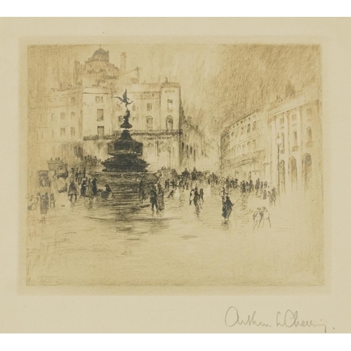 686 - Arthur L Cherry - London Bridge and Shaftsbury Memorial Fountain, pair of pencil signed drypoint etc... 