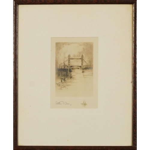 686 - Arthur L Cherry - London Bridge and Shaftsbury Memorial Fountain, pair of pencil signed drypoint etc... 