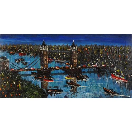 536 - Rodrio - Panoramic skyline, London Bridge, Impressionist oil on canvas, framed, 81cm x 40cm excludin... 