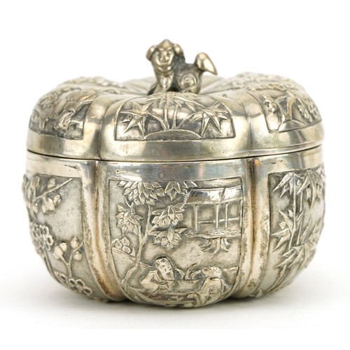 17 - Good Chinese export silver box and cover in the form of a pumpkin embossed with figures, bamboo grov... 