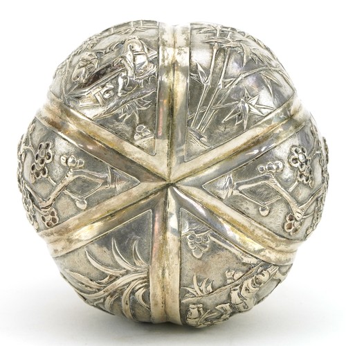 17 - Good Chinese export silver box and cover in the form of a pumpkin embossed with figures, bamboo grov... 