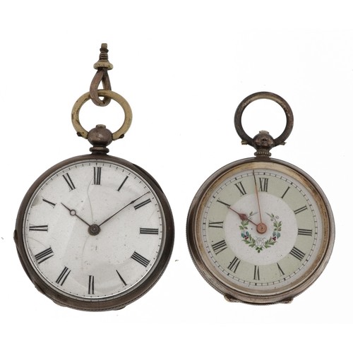 2193 - Two ladies pocket watches including an 800 grade silver example with enamelled floral dial, the larg... 