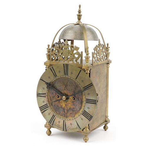 330 - 18th century style brass lantern clock with twin fusee movement and circular chapter ring having Ara... 