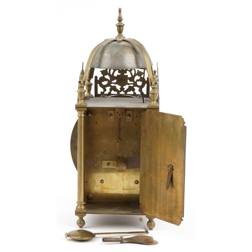 330 - 18th century style brass lantern clock with twin fusee movement and circular chapter ring having Ara... 