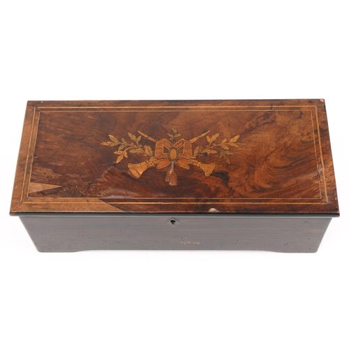 164 - 19th century Swiss inlaid rosewood music box playing on an 8.25 inch brass cylinder, 42cm wide