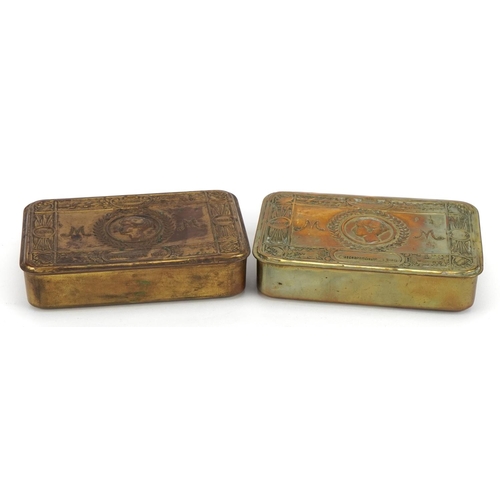 1527 - Two British military World War I brass Mary tins