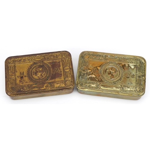 1527 - Two British military World War I brass Mary tins