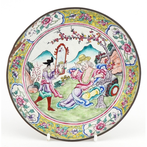 280 - Chinese Canton enamelled plate hand painted with European figures and flowers, character marks to th... 