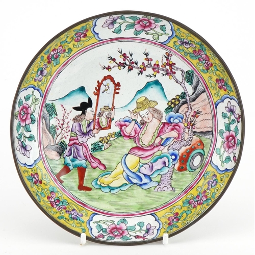 279 - Chinese Canton enamelled plate hand painted with European figures and flowers, character marks to th... 