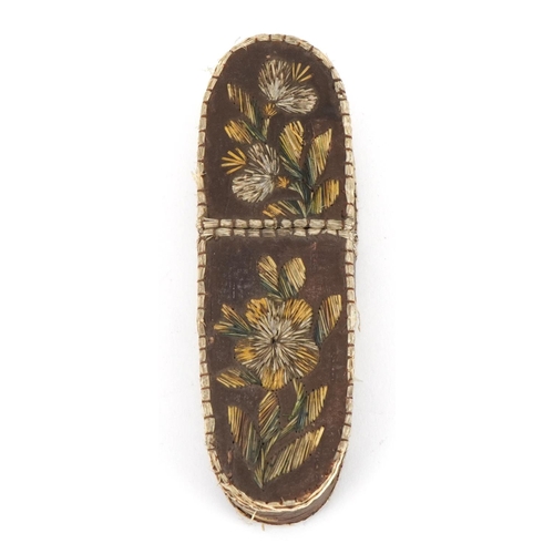 267 - 19th sewing interest century leather and straw work needle case embroidered with flowers, 10cm high