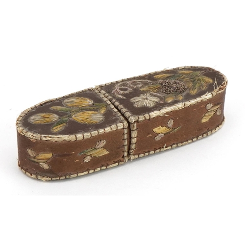 267 - 19th sewing interest century leather and straw work needle case embroidered with flowers, 10cm high