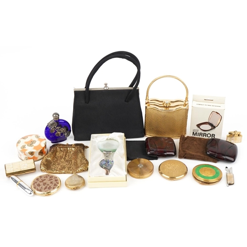 604 - Vintage and later vanity items including compacts, evening bags and scent bottle with white metal fl... 