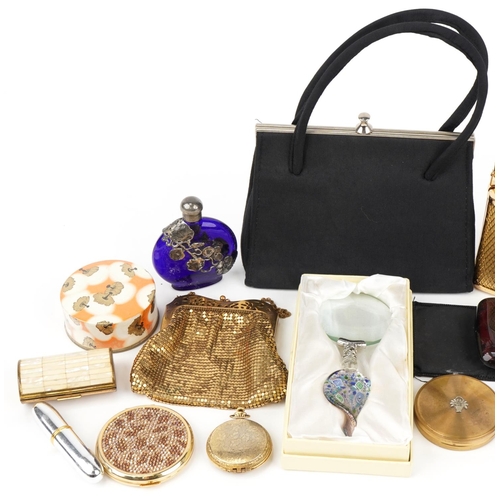 604 - Vintage and later vanity items including compacts, evening bags and scent bottle with white metal fl... 