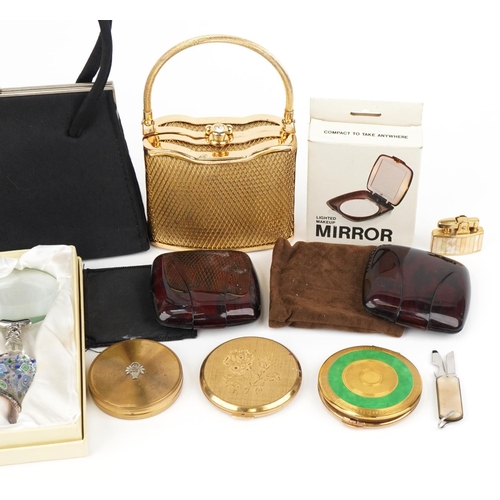 604 - Vintage and later vanity items including compacts, evening bags and scent bottle with white metal fl... 