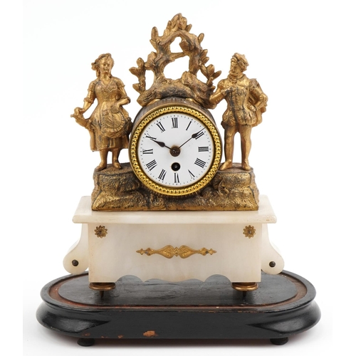 331 - 19th century gilt metal and onyx figural mantle clock with circular enamelled dial having Roman nume... 