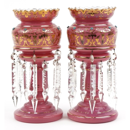 92 - Pair of 19th century pink opaline glass lustres with drops enamelled and gilded with flowers, each 3... 