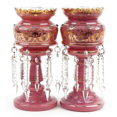 92 - Pair of 19th century pink opaline glass lustres with drops enamelled and gilded with flowers, each 3... 