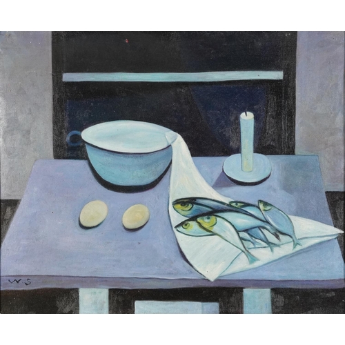 345 - Still life, vessels and fish, oil on board, mounted and framed, 60cm x 49cm excluding the mount and ... 