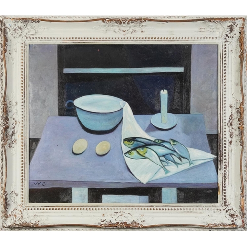 345 - Still life, vessels and fish, oil on board, mounted and framed, 60cm x 49cm excluding the mount and ... 