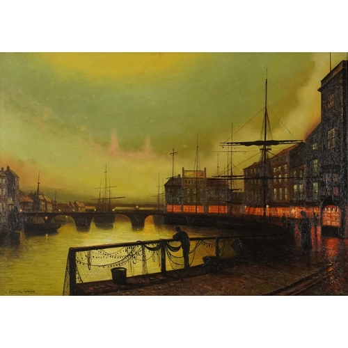 359 - Liverpool dockyard with buildings, oil on board, framed, 76cm x 53cm excluding the frame
